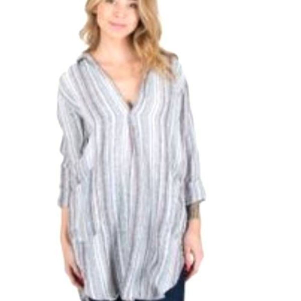 CP Shades Linen Teton Tunic Top Dress Blue Striped Size S Womens